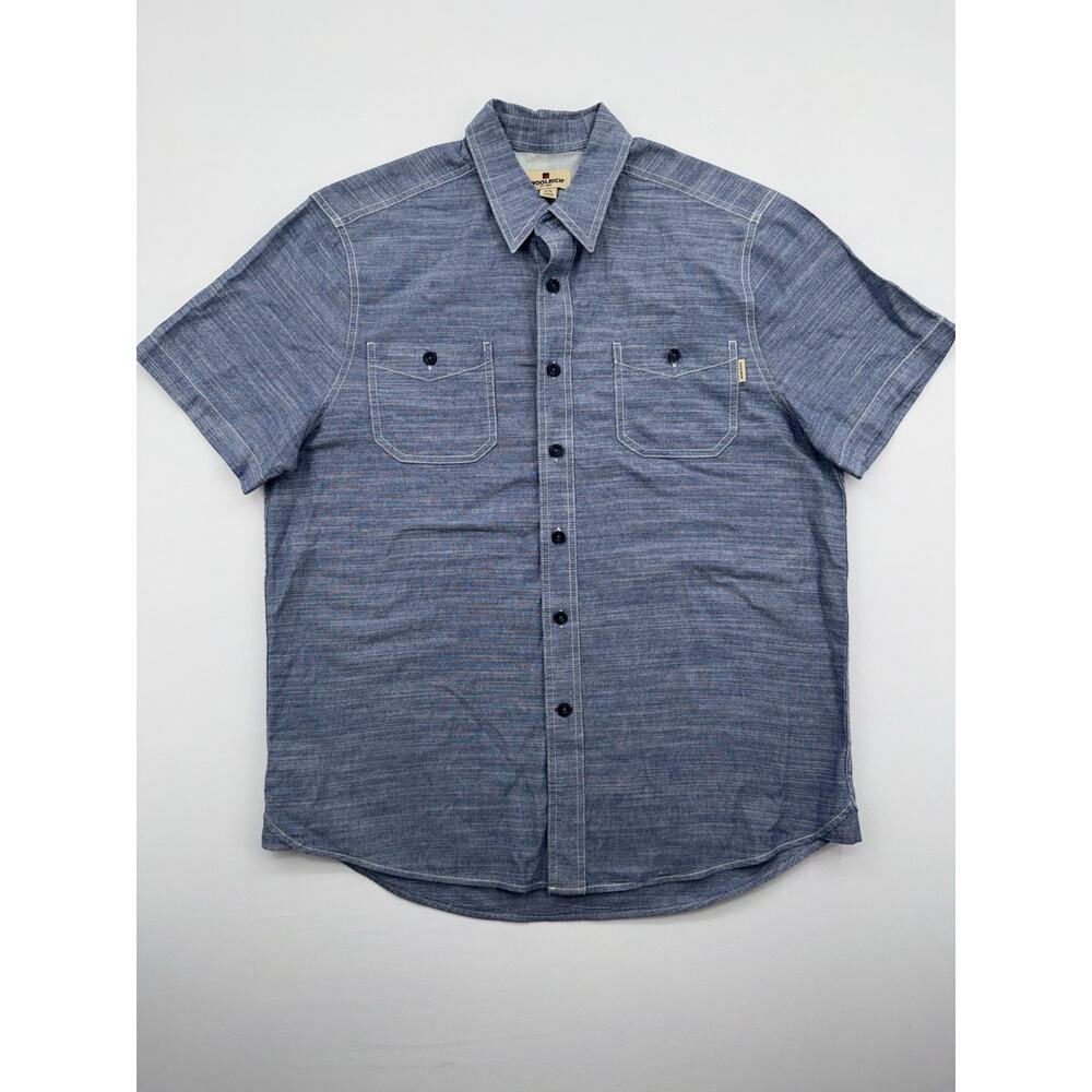 Woolrich Shirt Mens Med Blue Chambray Button Short Sleeve Cotton Casual Outdoor